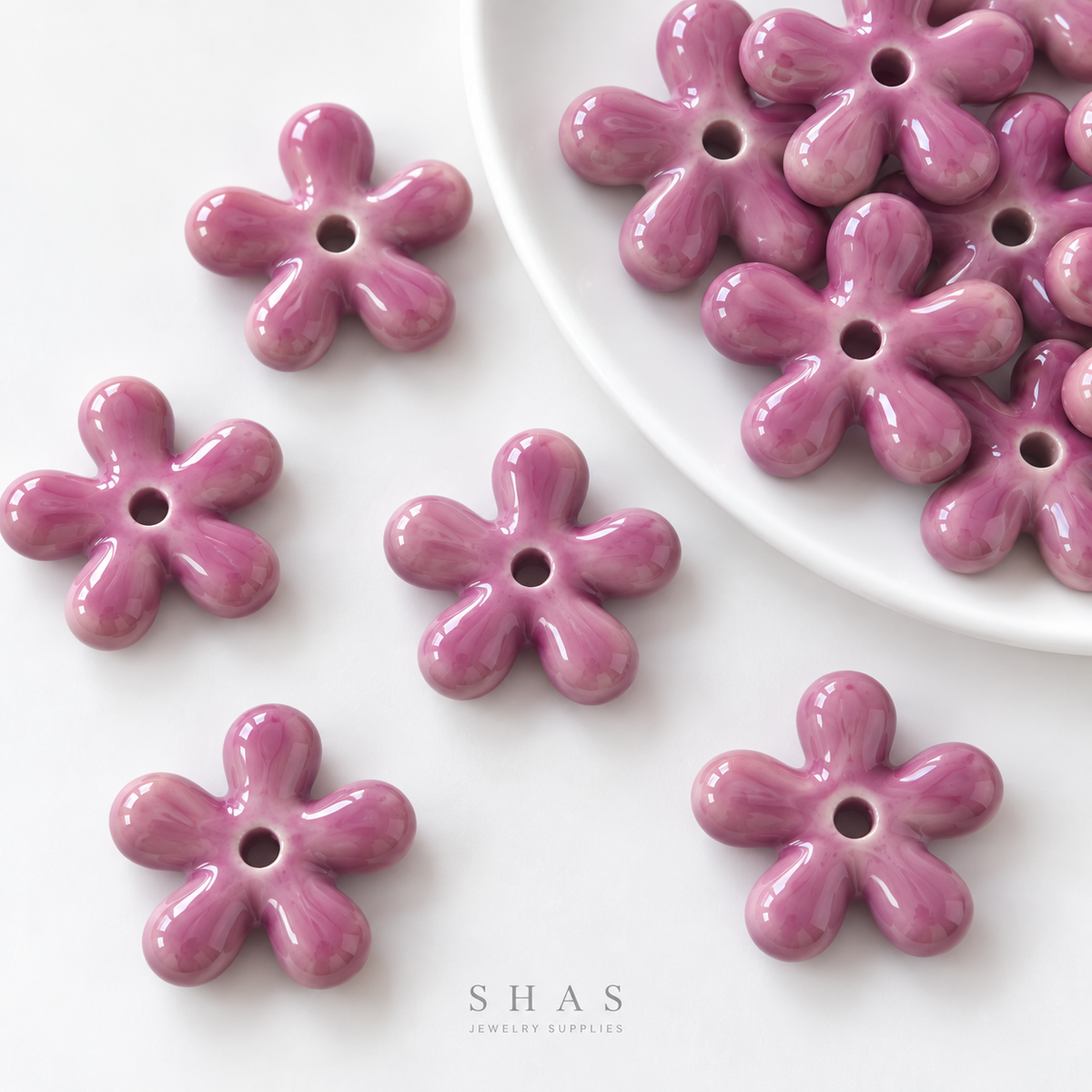 PCB26B Five Petal Floral Ceramic Bead ( 1 pc ) Porcelian Ceramic