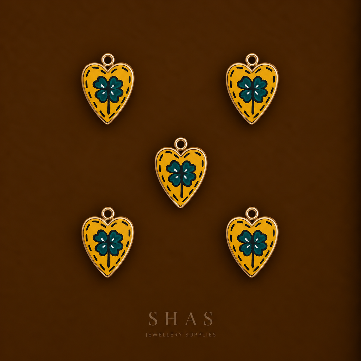 APC02Y Clover Yellow Heart Alloy Printed Charm ( 1 PC )