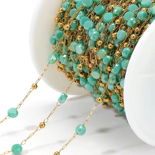 CN 342 Green round crystal  Handmade gold 316 Stainless steel chain ( 1 feet ) Anti tarnish