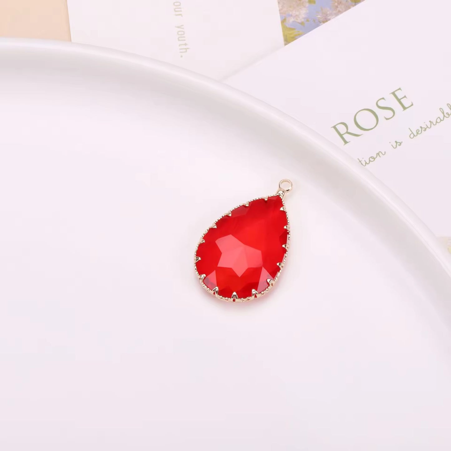 GPC11 I (2) Red Teardrop Charm 14k gold plated Zircon crystal  ( 1 pc ) Anti tarnish ( 20*30 mm )