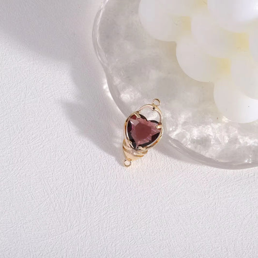 BBB 203 (D)  Burgundy Heart zircon pendant double loop CZ connector 14k gold plated ( 1 pc ) Anti tarnish