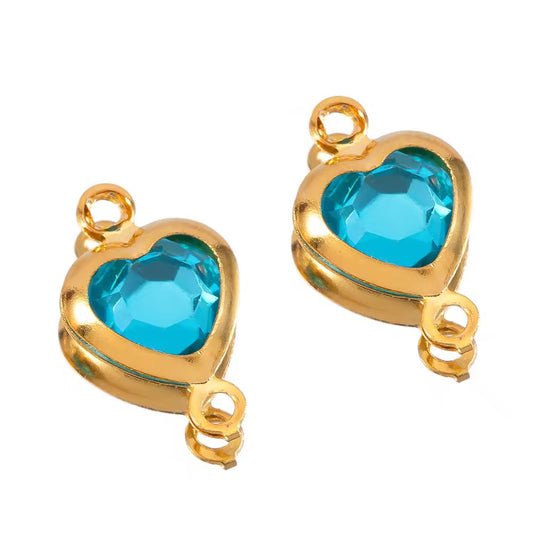 SS 2716 Light Blue Heart Zircon Double loop connector - 18k Gold plated 316 stainless steel ( 1 pc ) Anti tarnish ( 7.5 * 12 mm )