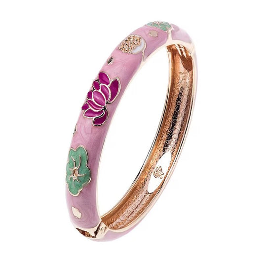 GP 12 Pink colourful Lotus Floral 10mm Cuff Bracelet 14k gold plated - Anti tarnish