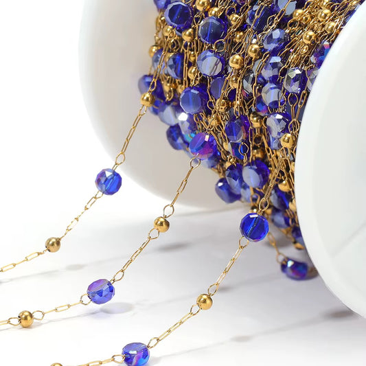 CN 335 Dark Blue round crystal  Handmade gold 316 Stainless steel chain ( 1 feet ) Anti tarnish
