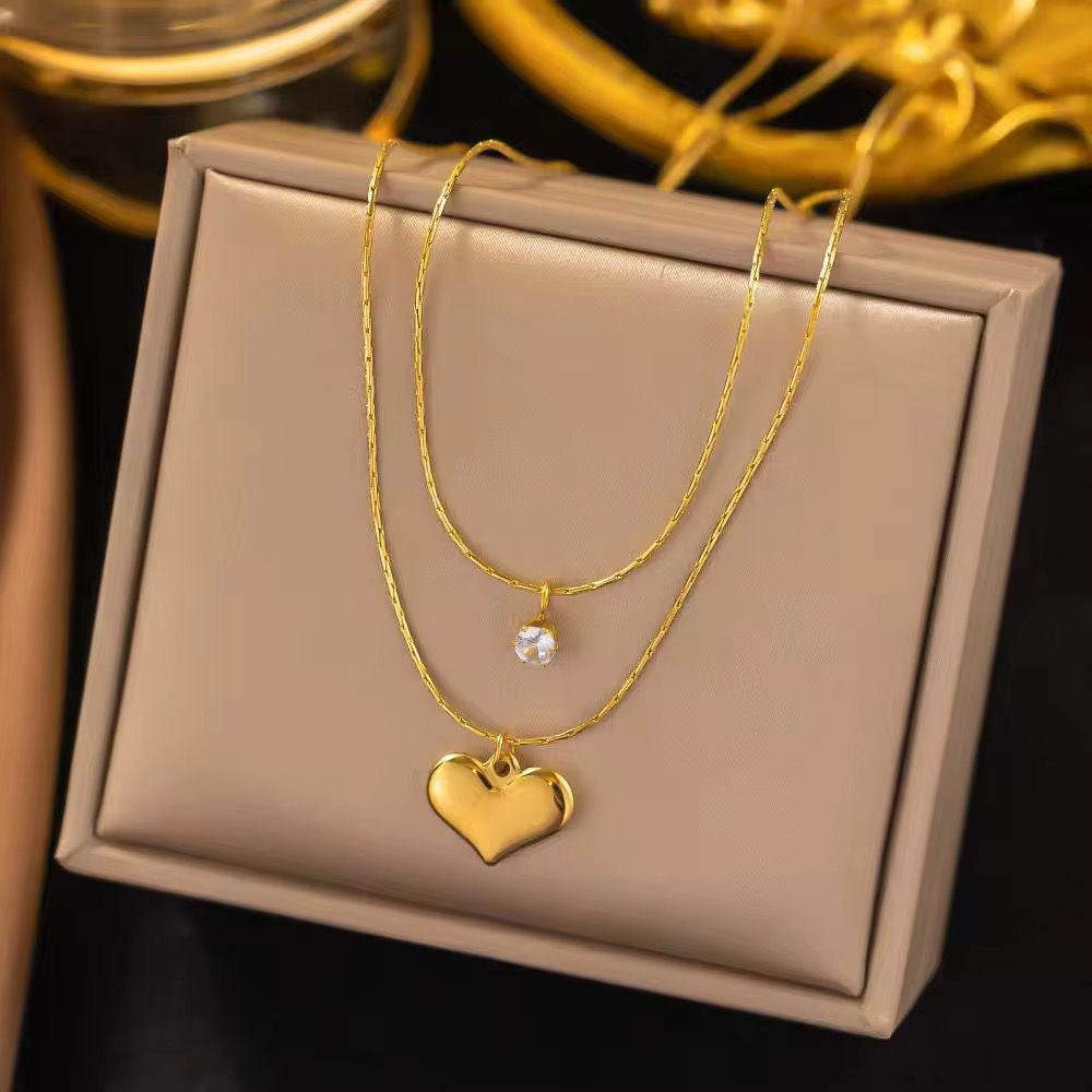 SJ 581 Heart Zircon dainty double layer necklace - 18k Gold PVD plated stainless steel - Anti tarnish