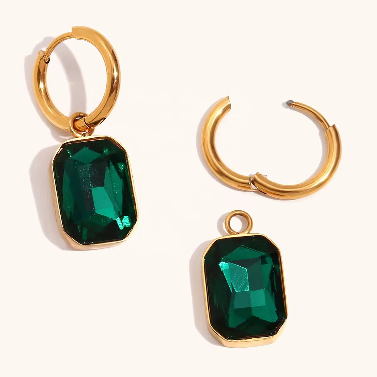 SS 231 Emerald hoop  -18k gold plated stainless steel - Anti tarnish - Wholesale