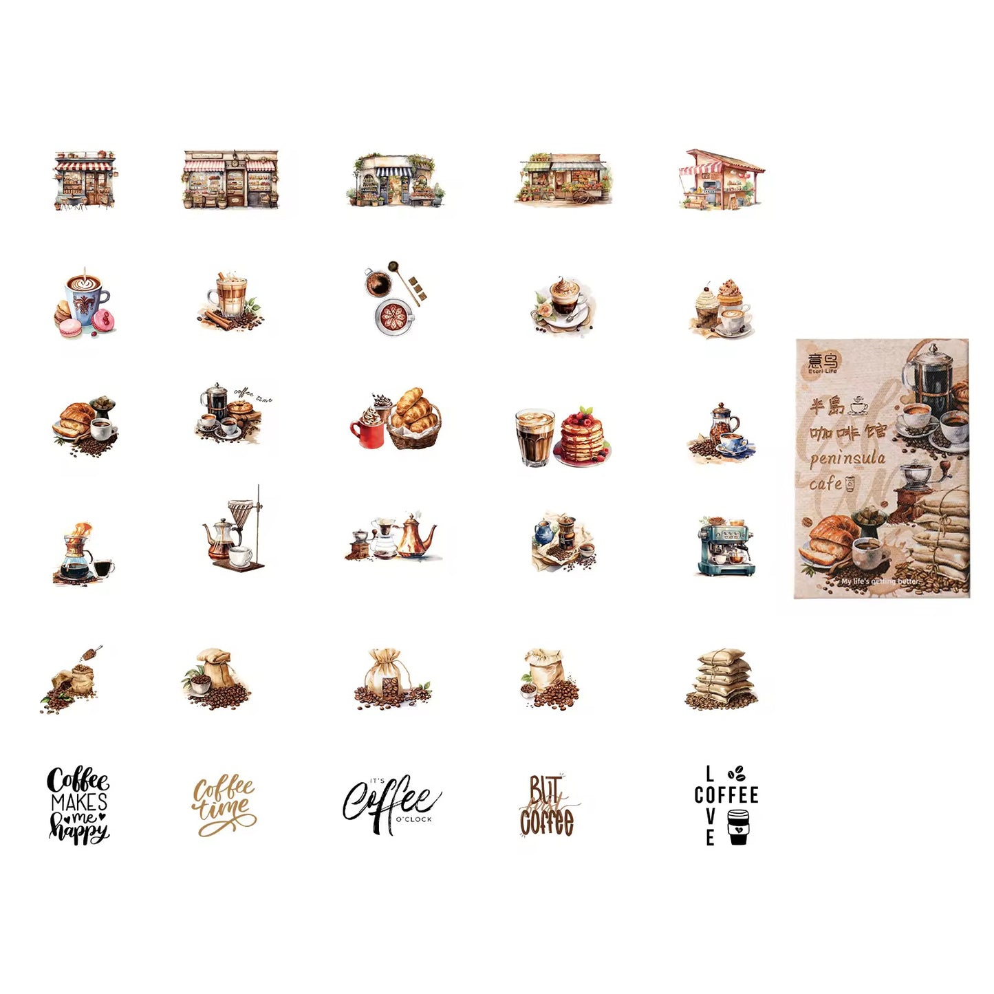 Peninsula Cafe Coffee Theme Waterproof UV Resistant sticker ( 1 pack - 30 piece )