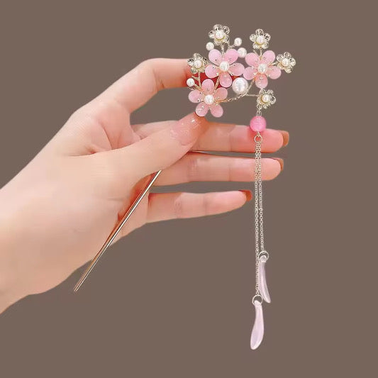 HA 10 Pink Flower pearly Hair Stick with Dangling Tassel Drop - Retro korean Style ( 1 pc )