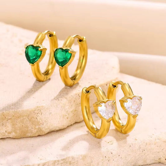 SJ 512 Heart Emerald zircon huggie Earring - 18k Gold PVD plated stainless steel - Anti tarnish