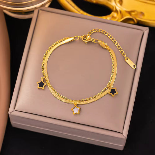 SJ 387 Black and white star double layer bracelet - 18k gold PVD plated stainless steel - Anti tarnish - Wholesale
