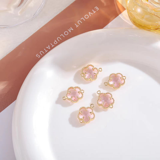 BBB 207 (i) Light Pink Plum Blossom 14k gold plated Zircon Crystal Connector ( 1 pc ) Anti tarnish ( 11:7 mm )