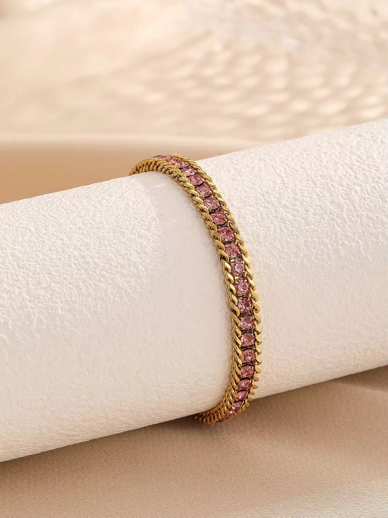 SJ 403 Pink Zircon Diamond chain bracelet - 18k Gold PVD plated stainless steel - Anti tarnish - Wholesale