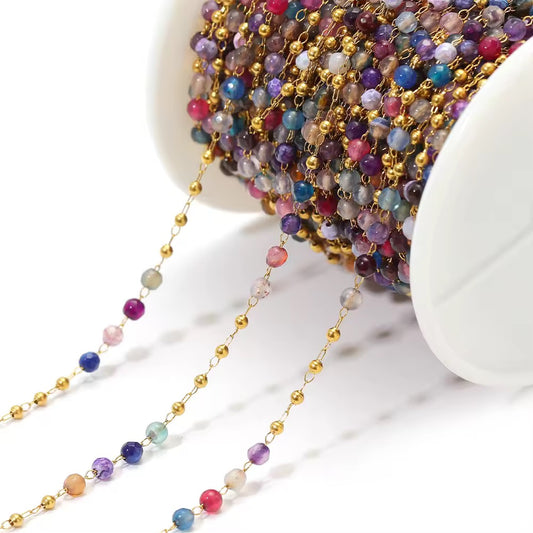 CN 81 Bright Multi Colour Toned Stone Crystal link Chain 18k Gold Stainless steel( 1 feet ) Anti tarnish ( .8 * 2 mm )