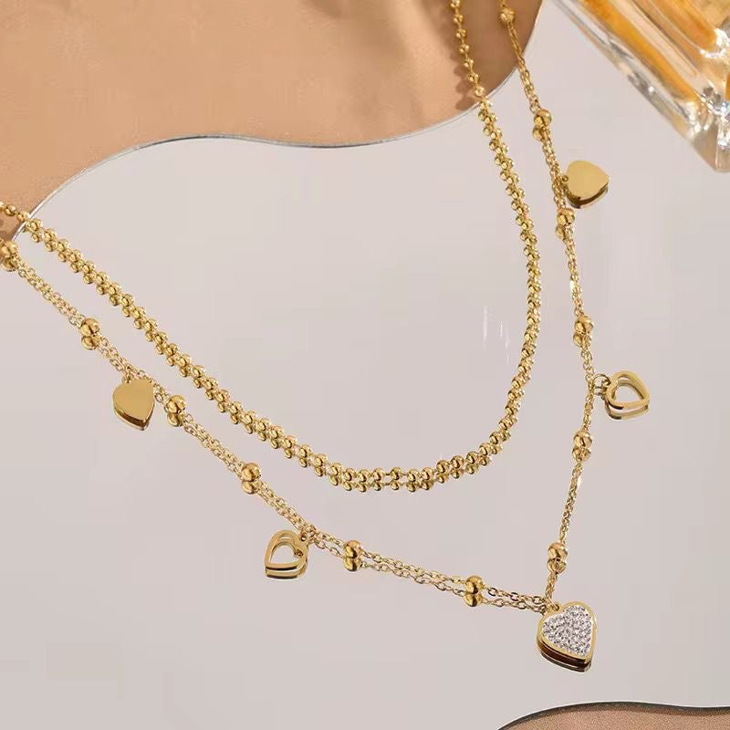 SJ 752 Zircon heart Double layer Necklace - 18k Gold PVD plated stainless steel - Anti tarnish