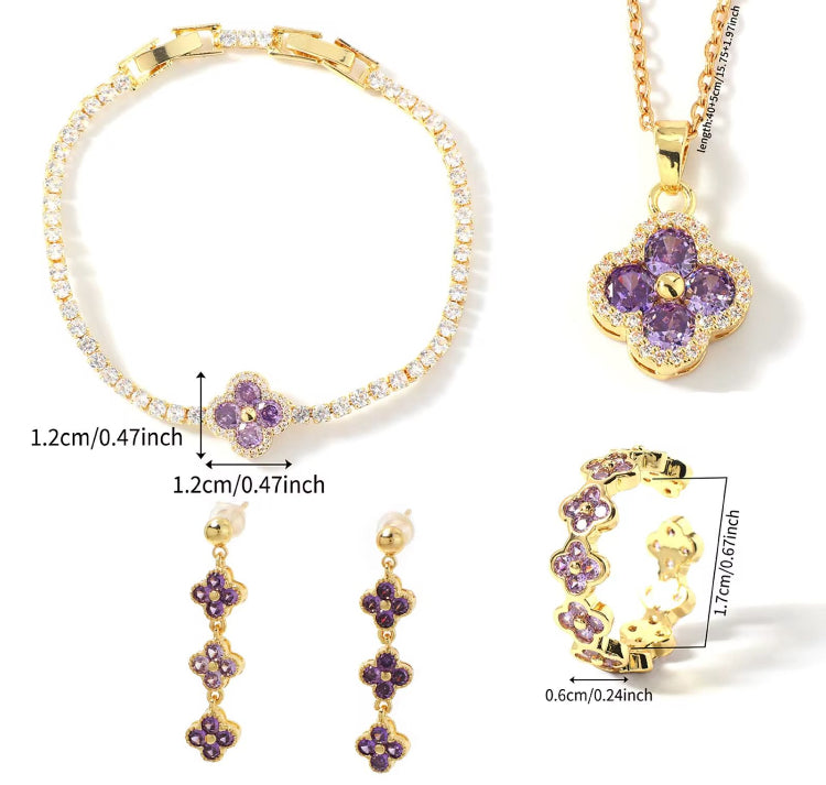 NSJ28 purple clover jewelry set - 18k Gold PVD plated 316 stainless steel - Anti tarnish