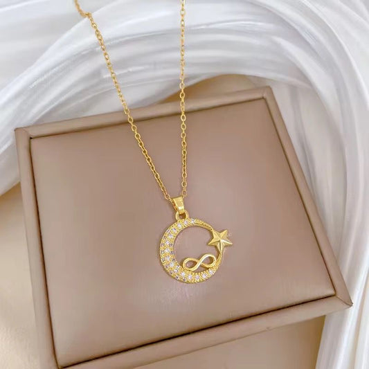SJ 729 Infinity Zircon Moon Necklace - 18k Gold PVD plated stainless steel - Anti tarnish