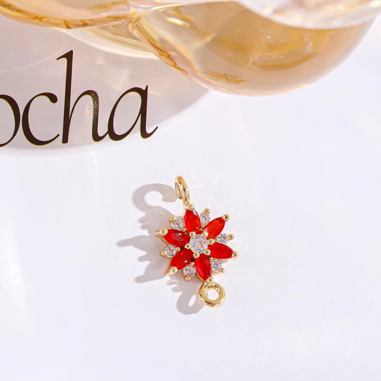 GPC11 F (3) Red Zircon Snowflake connector 14k gold plated crystal charm ( 1 pc ) Anti tarnish ( 18:10 mm )