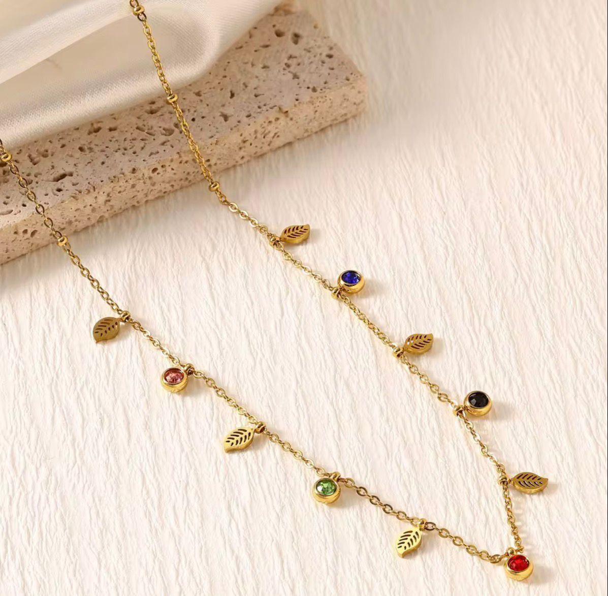 SJ 996 Leaf Minimalist Dainty Colourful Zircon charm Necklace - 18k Gold PVD plated stainless steel - Anti tarnish