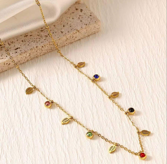 SJ 996 Leaf Minimalist Dainty Colourful Zircon charm Necklace - 18k Gold PVD plated stainless steel - Anti tarnish