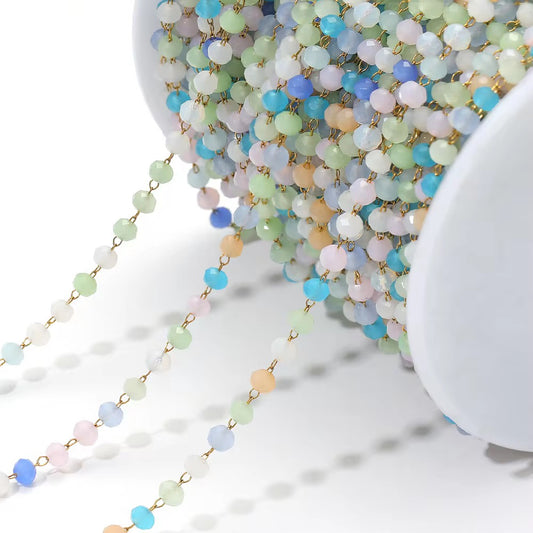 CN 77 Pastel Green & Blue Toned Stone Crystal link Chain 18k Gold Stainless steel( 1 feet ) Anti tarnish ( .8 * 2 mm )