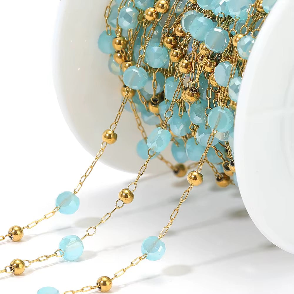 CN 346 Pastel Blue round crystal  Handmade gold 316 Stainless steel chain ( 1 feet ) Anti tarnish