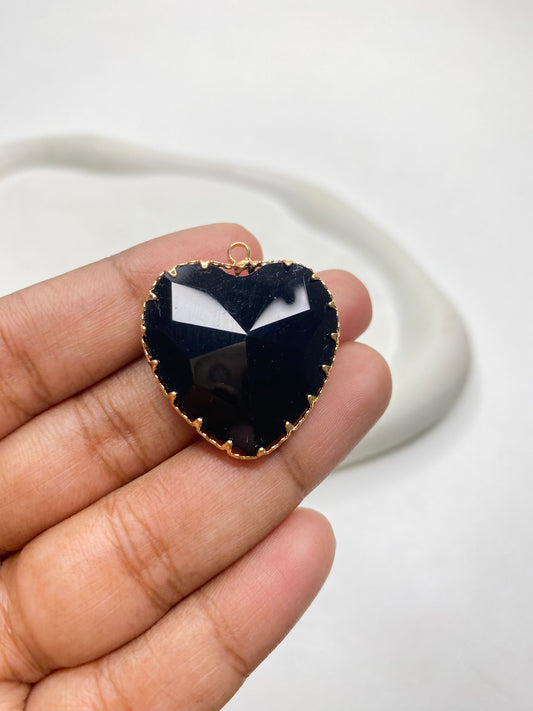 BBB 147 (g) Black big heart crystal 14K gold plated charm ( 1 pc ) Anti tarnish ( 38 mm )