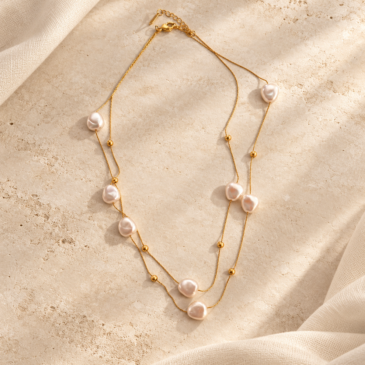 NSJ55G Pebble shaped Pearl Necklace - 18k gold PVD plated