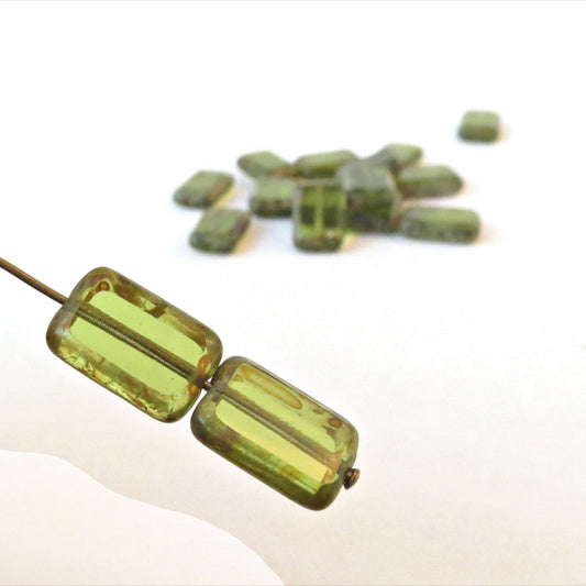 BBB 106 (1PC) Olive green picasso czech glass rectangle bead - (1PC)