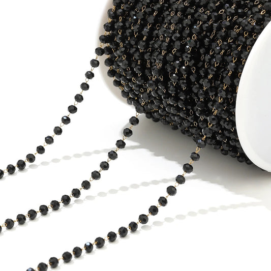 CN 236 Black Glass faceted beaded crystal gold Stainless steel chain ( 1 feet )Anti tarnish