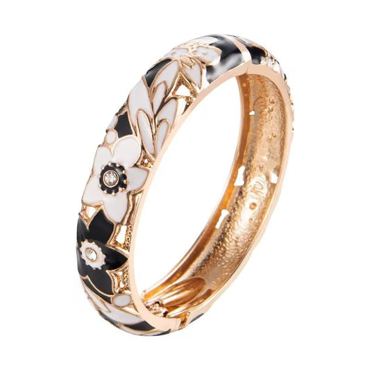GP 10 Black and white Floral 14mm Cuff Bracelet 14k gold plated  - Anti tarnish
