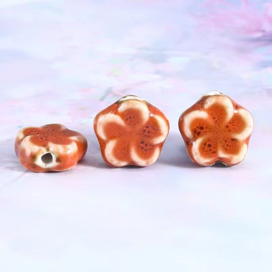 BBB 235 (f) Orange Floral Ceramic bead ( 1 pc ) Porcelian Ceramic ( 16mm )