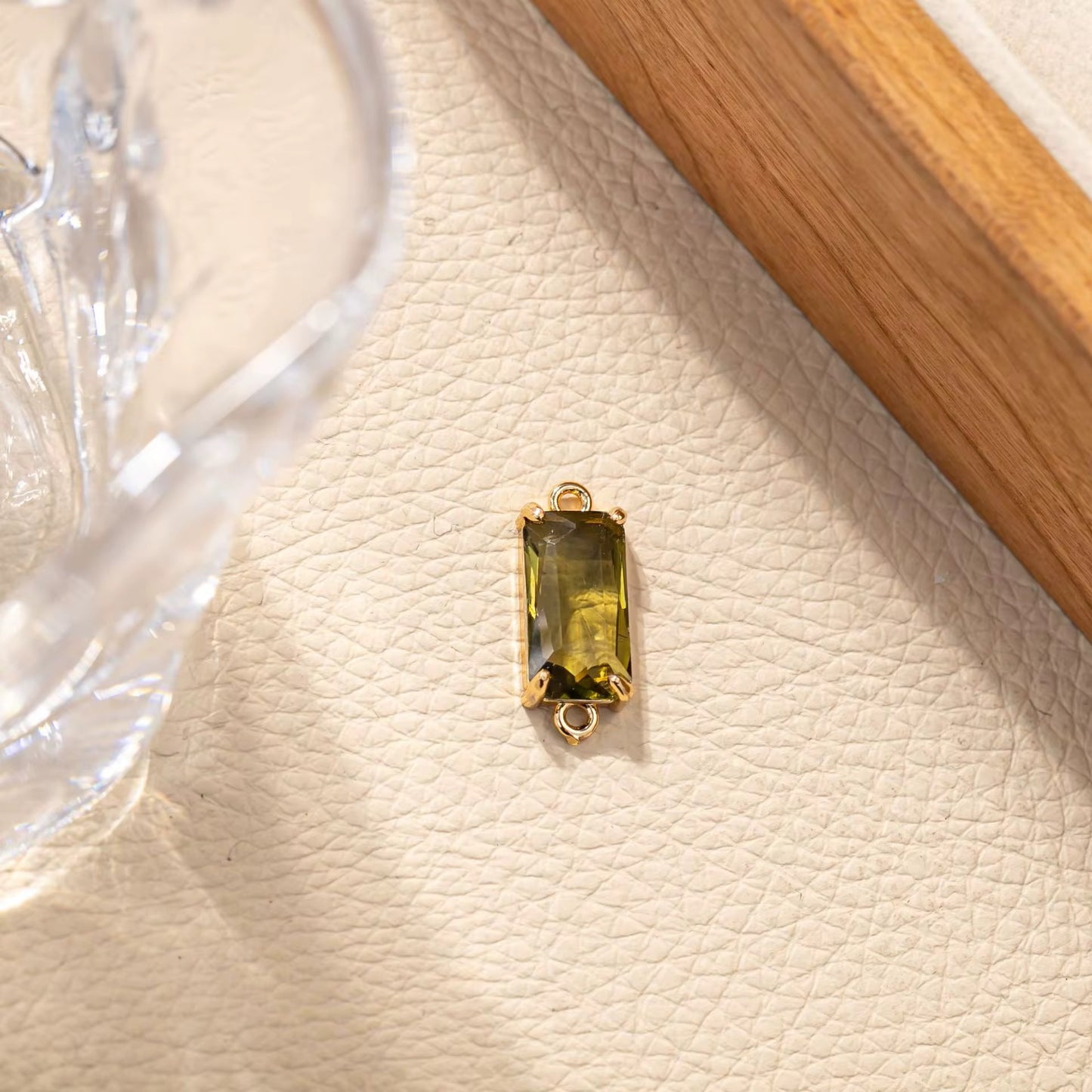 BBB 279 (j) Olive Green Rectangle Connector 14k gold plated Zircon crystal charm ( 1 pc ) Anti tarnish ( 21:8.5 mm )