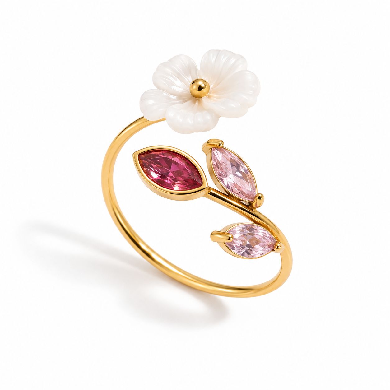 RSJ25F pink floral zircon ring - 18K Gold PVD plated
