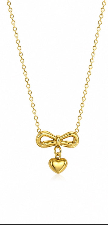 NSJ20B Heart linked Bow Necklace - 18k Gold PVD plated 316 stainless steel - Anti tarnish