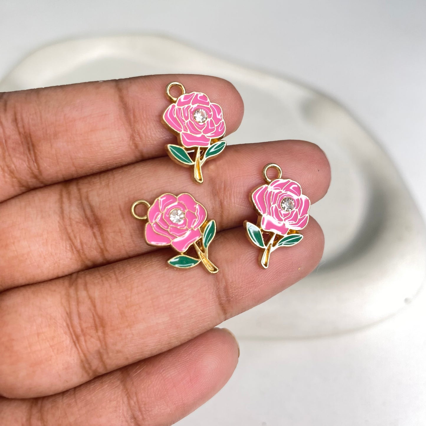 BBB 293 (b) Bright Pink Rose Flower enamel charm ( 1 pc ) High quality shine ( 12:15mm )