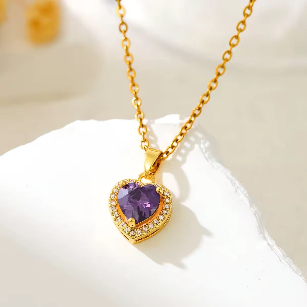 NSJ21F purple heart Zircon Necklace - 18k Gold PVD plated 316  stainless steel - Anti tarnish