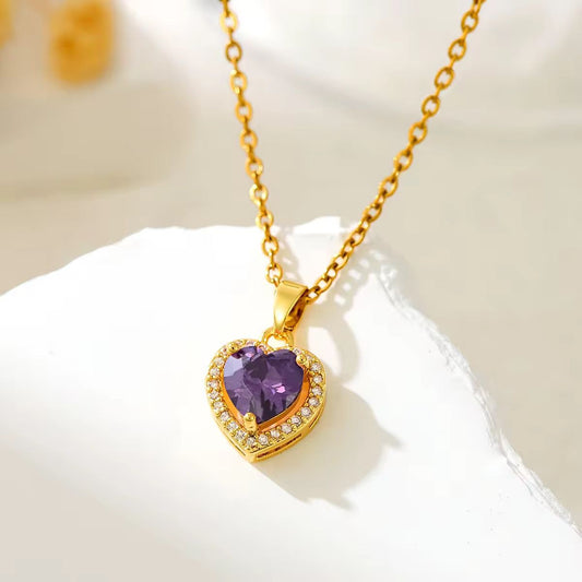 NSJ21F purple heart Zircon Necklace - 18k Gold PVD plated 316  stainless steel - Anti tarnish