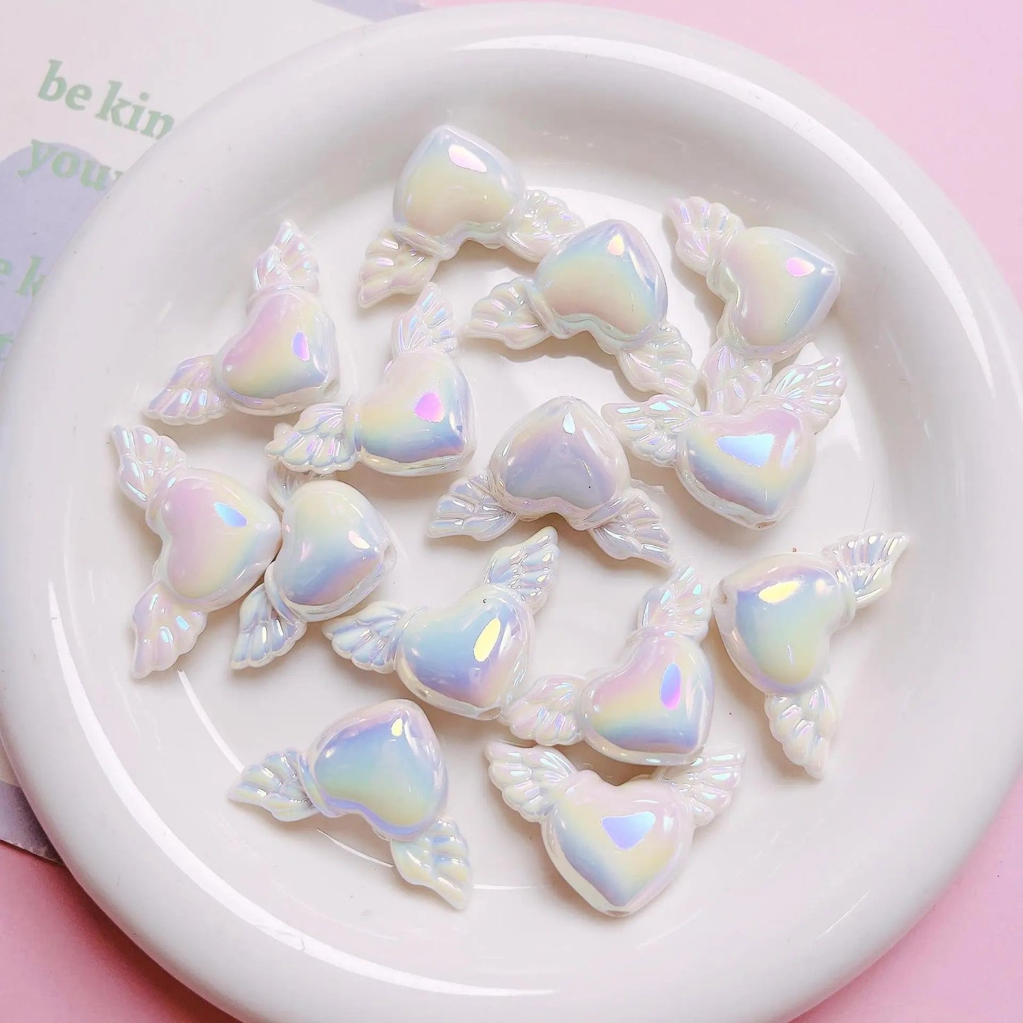 BBB 160 (A) Luminous heart with wings uv plated holographic irrediscent Acrylic bead ( 1 pc )