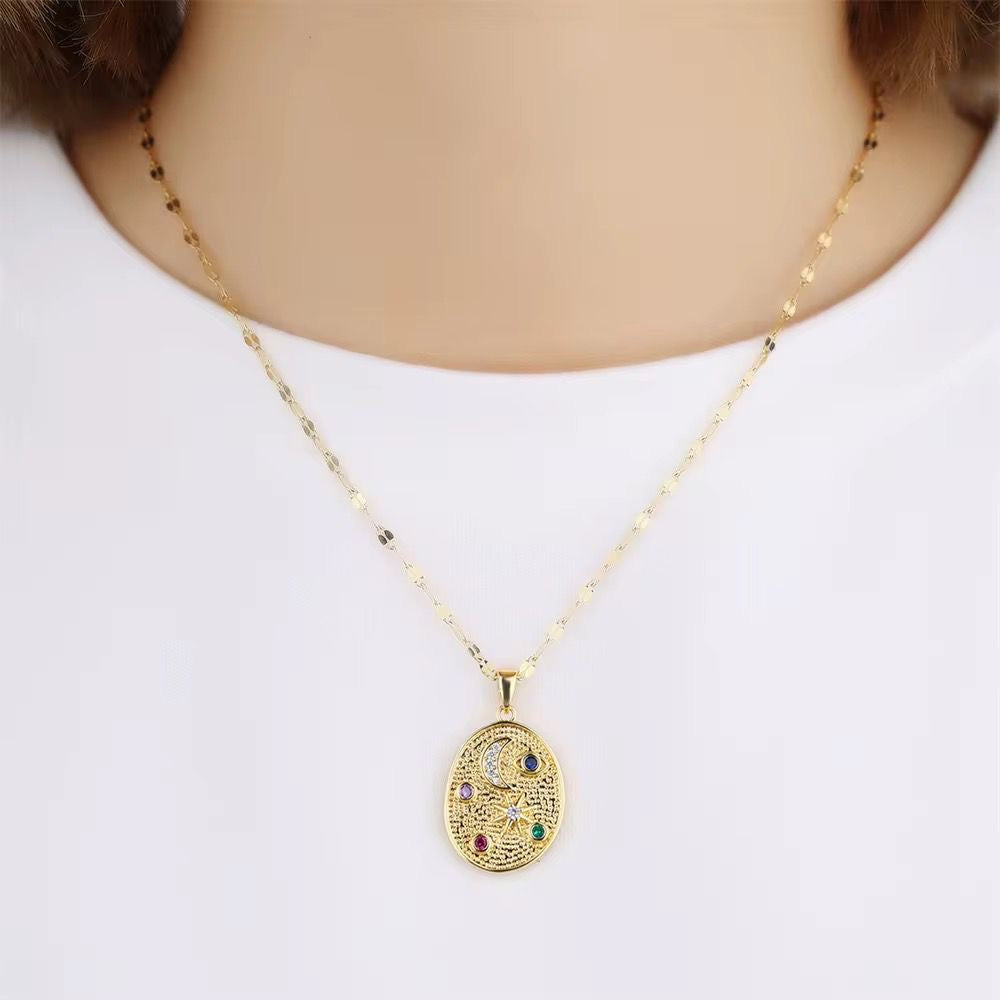 SJ 943 Star and Moon Zircon Necklace - 18k Gold PVD plated stainless steel - Anti tarnish