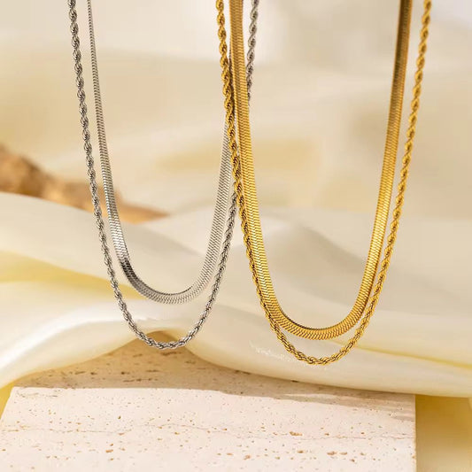 NSJ55D Snake & Twisted Double layer Necklace - 18k Gold pvd plated