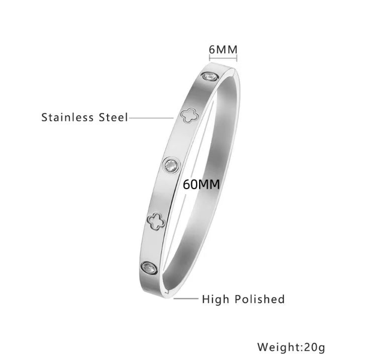BSJ18E Clover Embedded zircon Bangle Bracelet - Steel PVD plated