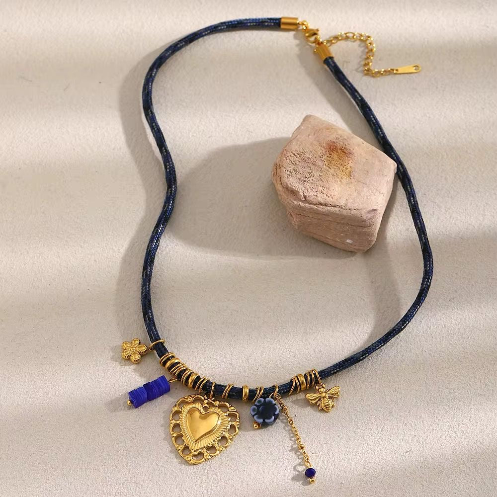 SJ 969 Heart Charms Woven Thread Necklace  - Premium jewellery- 18k Gold PVD plated stainless steel - Anti tarnish