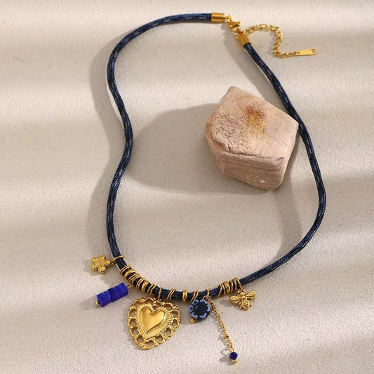 SJ 969 Heart Charms Woven Thread Necklace  - Premium jewellery- 18k Gold PVD plated stainless steel - Anti tarnish