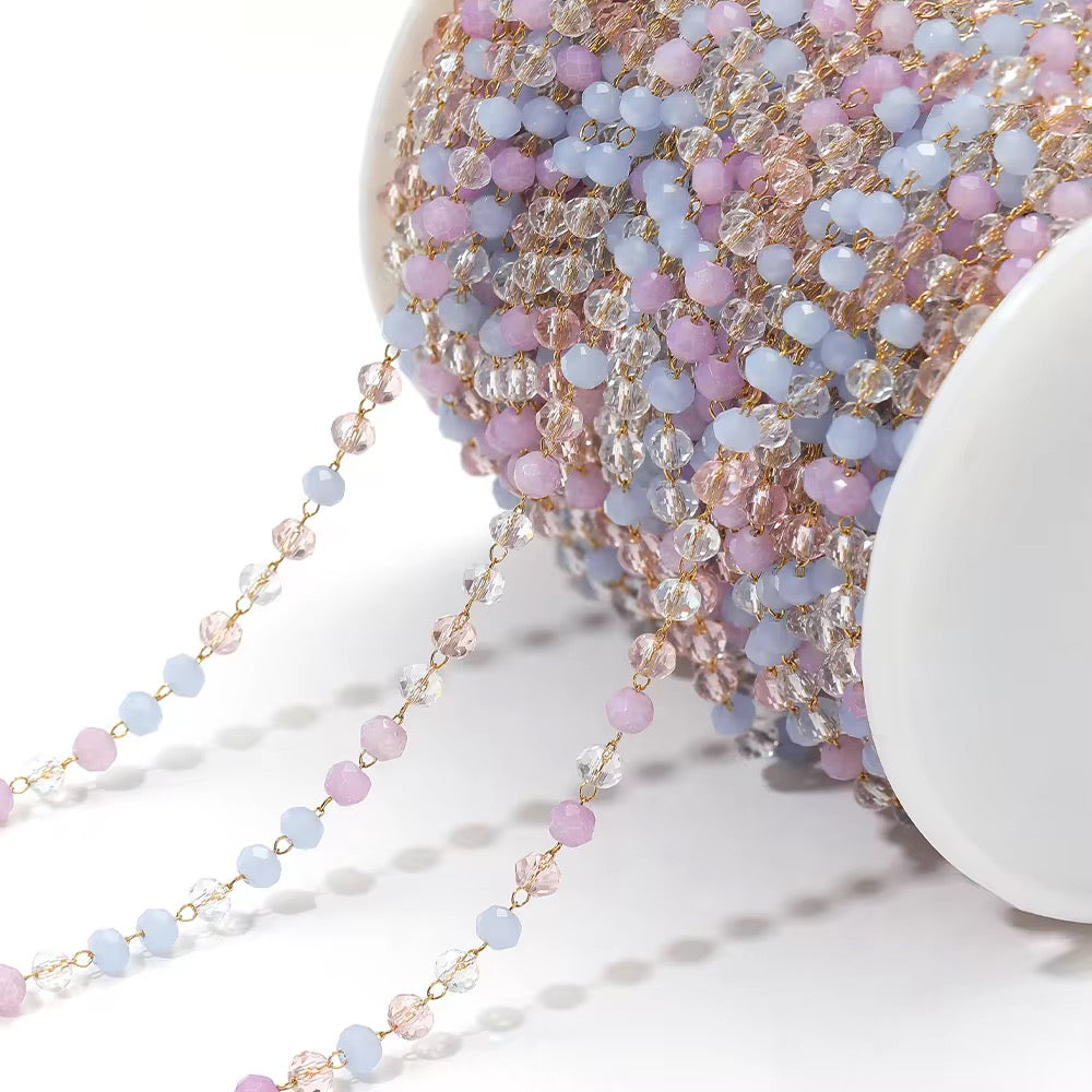 CN 73 Pastel Pink & Blue Toned Stone Crystal link Chain 18k Gold Stainless steel( 1 feet ) Anti tarnish ( .8 * 2 mm )