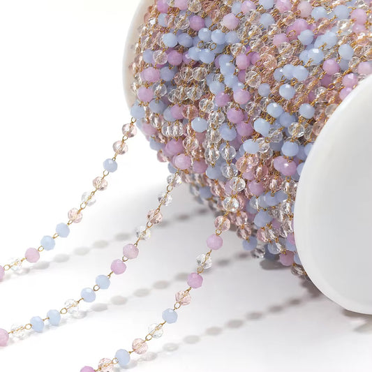 CN 73 Pastel Pink & Blue Toned Stone Crystal link Chain 18k Gold Stainless steel( 1 feet ) Anti tarnish ( .8 * 2 mm )
