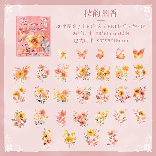 Autumn Fragrance Floral vintage Waterproof UV Resistant sticker ( 1 pack - 60 piece )
