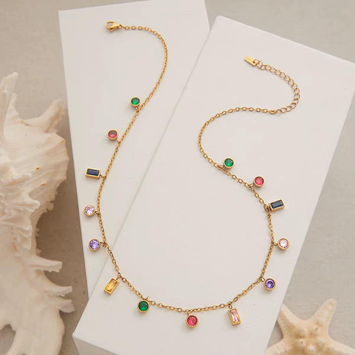 SJ 985 Colourful Zircon Dainty Necklace - 18k Gold PVD plated stainless steel - Anti tarnish