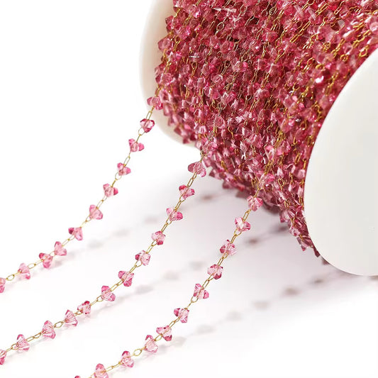 CN 66 Bright Pink Natural Stone Crystal link Chain 18k Gold Stainless steel( 1 feet ) Anti tarnish ( .8 * 2 mm )