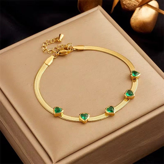 SJ 808 Emerald Heart snake chain bracelet - 18k Gold PVD plated stainless steel - Anti tarnish