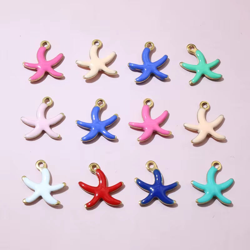 BBB 245 (a) Pink Star fish Enamel Tiny Charm 18K Gold PVD plated stainless steel ( 1 piece ) Anti tarnish ( 10.5:10 mm )